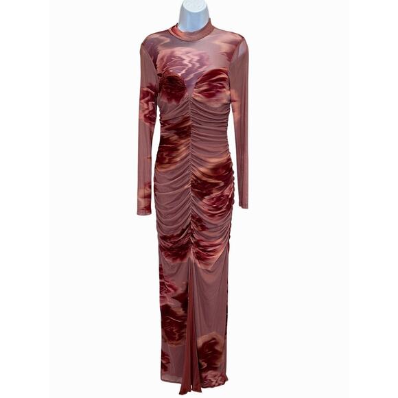 Black Halo Mesh Ruched Maxi Dress SIZE 4 Jersey Gown Watercolor Designer $500 - Picture 6 of 11